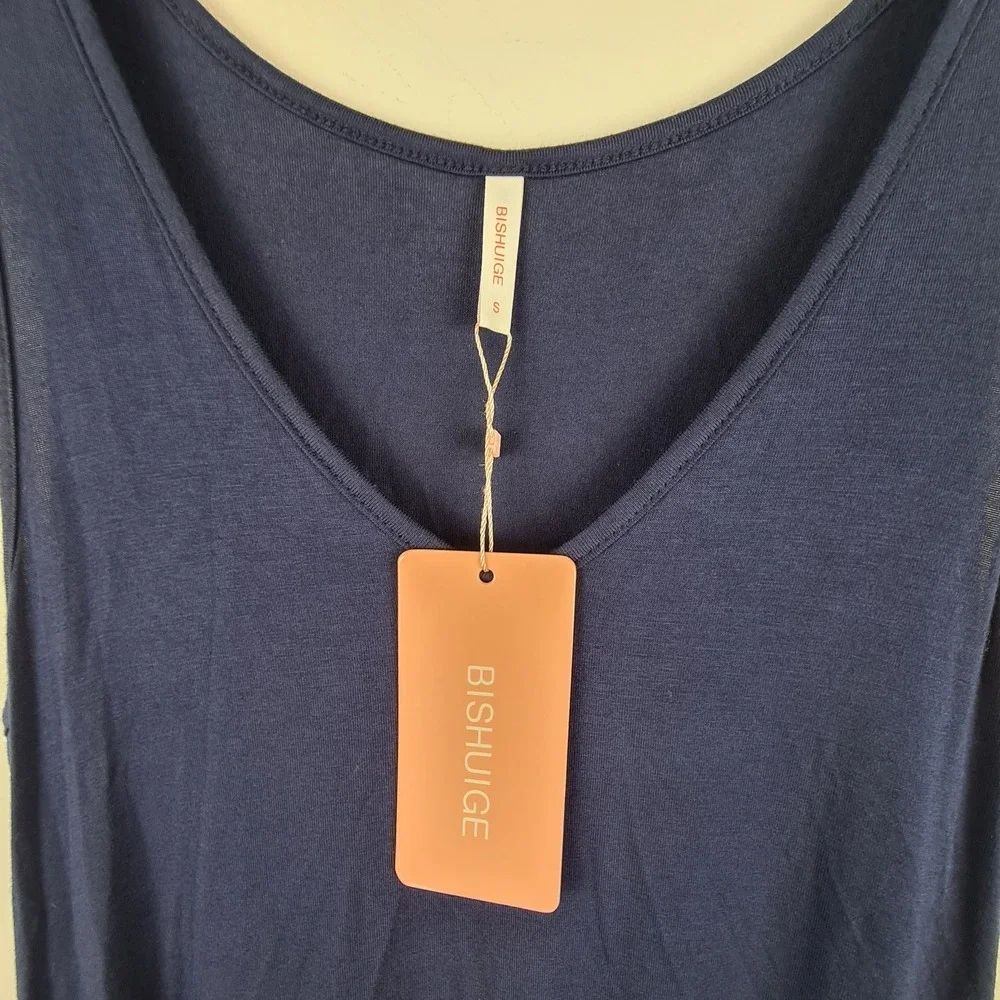 BISHUIGE Women's Summer Tank Dress  Beach Cover Up Size S Casual Sleeveless Navy